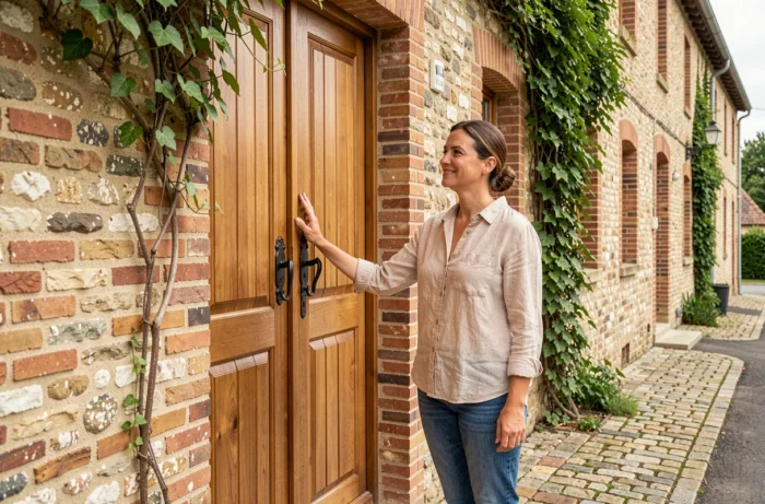 Femme admirant une nouvelle porte en bois installée sur une maison rénovée en pierre typique de Picardie