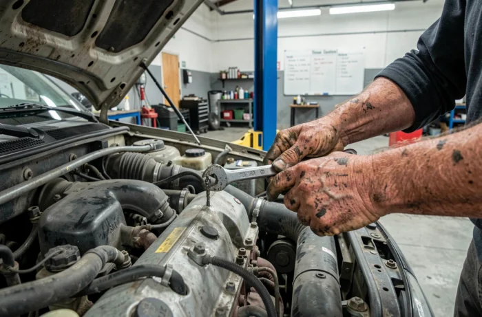 Mains d'un mécanicien réparant un moteur sous le capot d'une voiture dans un atelier associatif solidaire