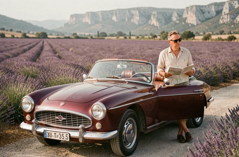 Voiture ancienne décapotable des années 1960 garée sur une route de Provence entourée de champs de lavande, homme en chemise de lin appuyé sur le capot avec une carte routière
