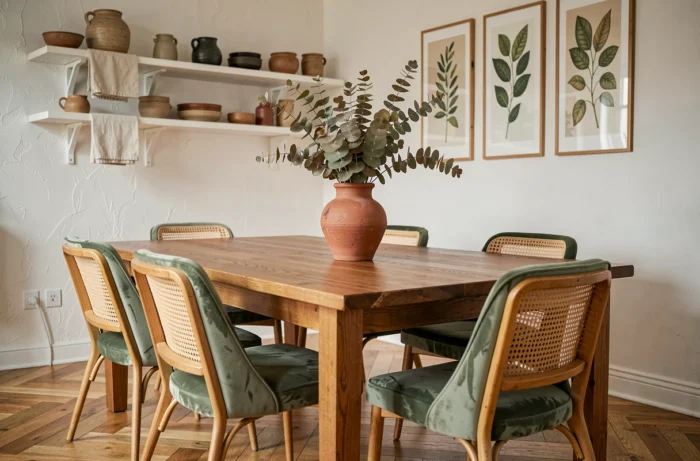 Salle à manger élégante avec une table en chêne massif, des chaises en velours vert sauge et une décoration végétale en eucalyptus séché dans un appartement parisien
