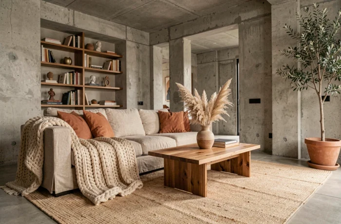 Salon chaleureux et élégant décoré avec des tons terre de sienne, un canapé en lin, des coussins terracotta et une bibliothèque encastrée dans un appartement moderne