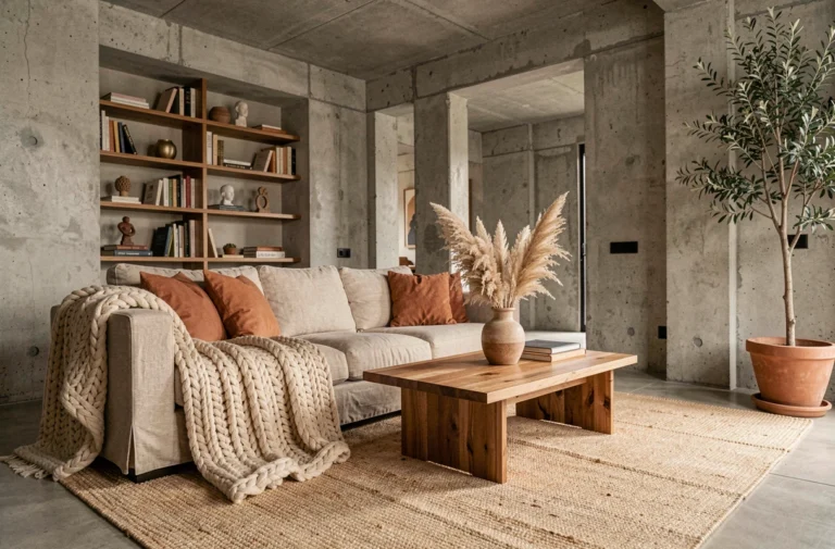 Salon chaleureux et élégant décoré avec des tons terre de sienne, un canapé en lin, des coussins terracotta et une bibliothèque encastrée dans un appartement moderne
