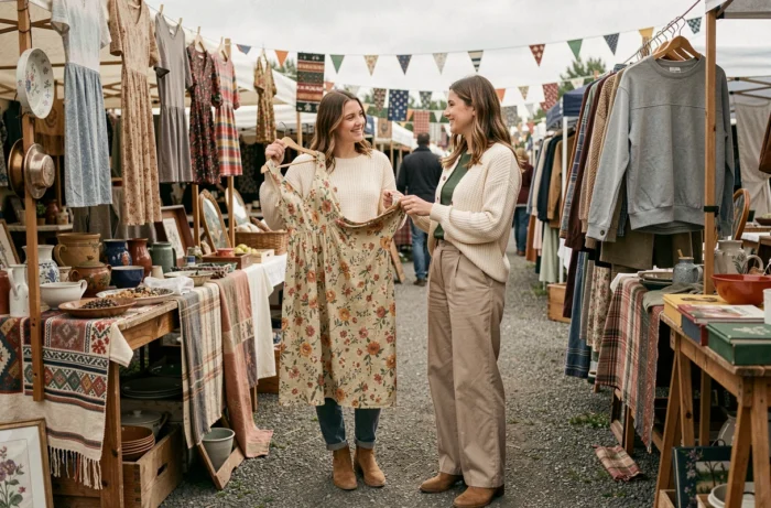 Deux amies qui font du shopping dans un marché aux puces vintage et découvrent des pièces tendance uniques