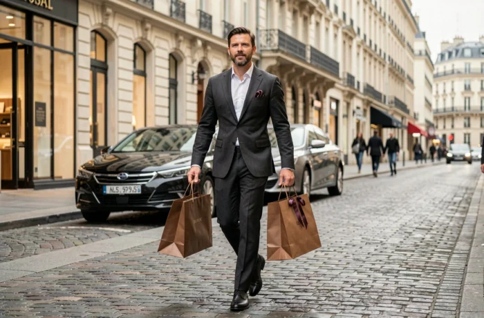 Homme en costume gris anthracite sortant d'un grand magasin parisien avec des sacs de shopping de luxe sur une rue pavée