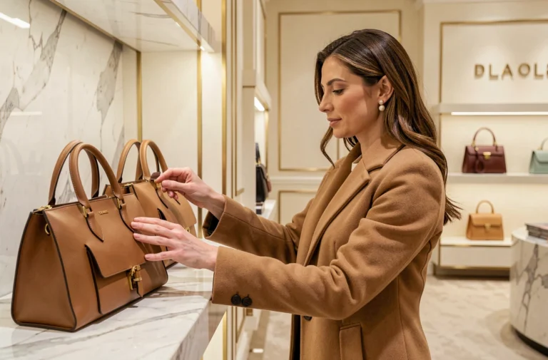 Femme élégante en manteau camel explorant des sacs à main de luxe dans une boutique haut de gamme aux murs crème et décors dorés