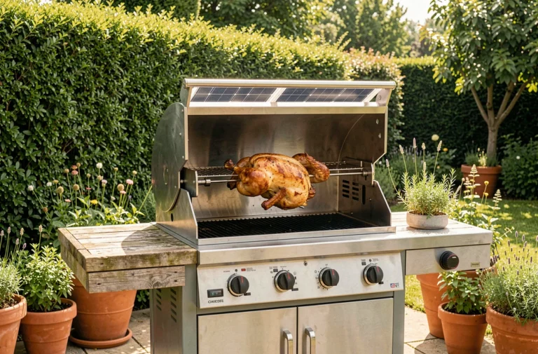Tourne-broche solaire sur un barbecue de jardin avec un poulet rôtissant lentement au soleil