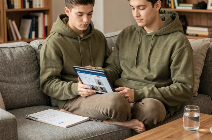 Jeune personne évaluant la crédibilité d'un site web avec une tablette et une checklist manuscrite sur un canapé